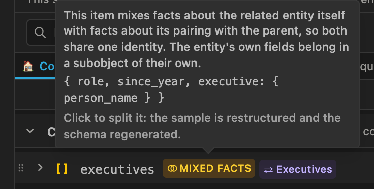 Tooltip auf einem executives-Array, der erklärt, dass darin Fakten über die Person mit Fakten über die Zuordnung vermischt werden