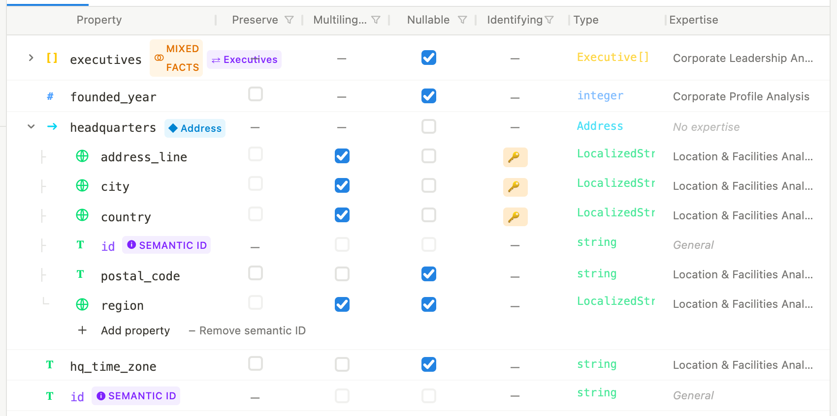 Ein Schema im Editor: eine Zeile pro Eigenschaft, mit Spalten für Beibehalten, Mehrsprachig, Nullable, Identifizierend, Typ und Expertise