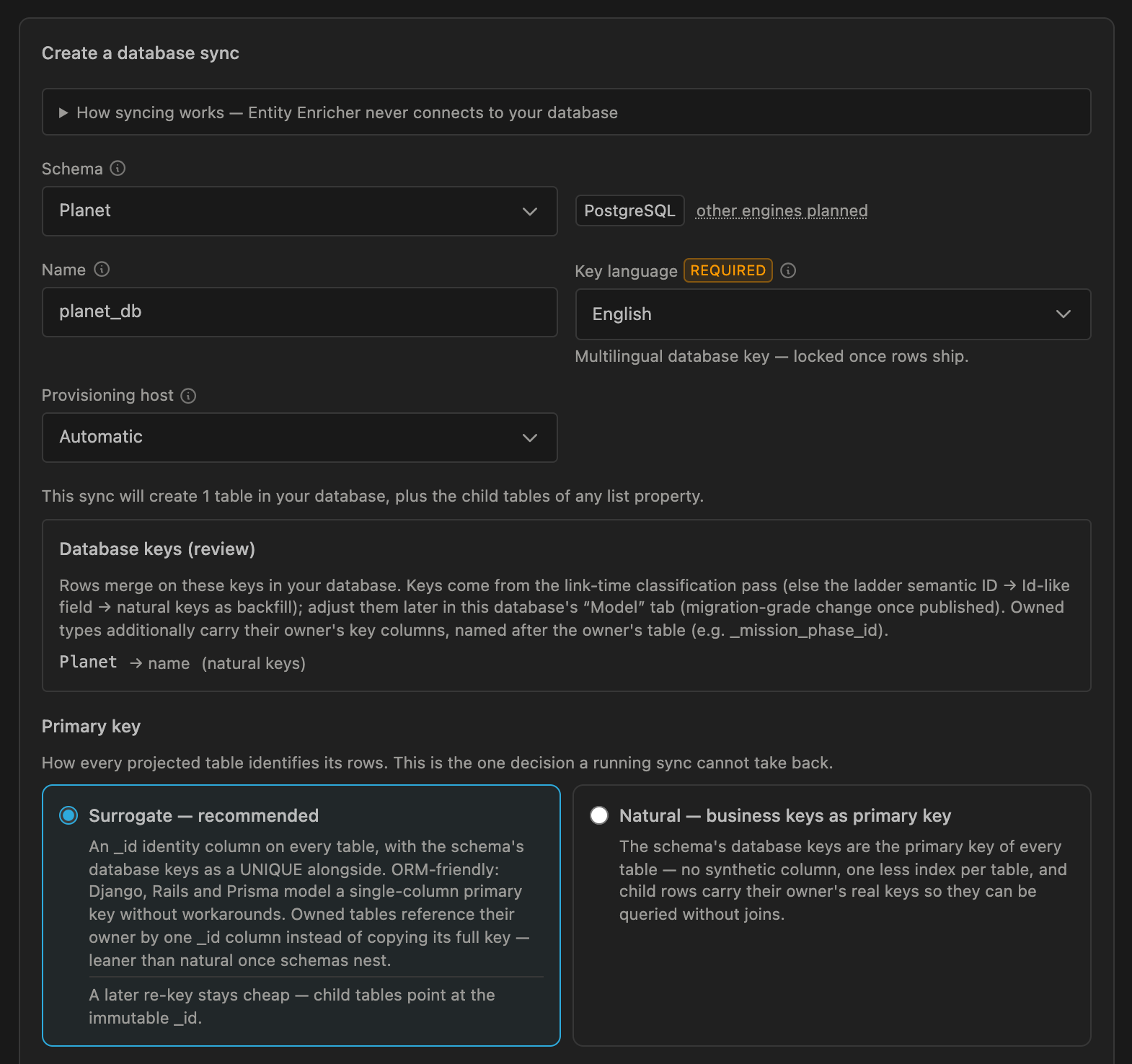 Форма создания Database Sync: выбор схемы, имя базы данных, язык ключей, хост подготовки, ключи базы данных на проверке и стратегия первичного ключа