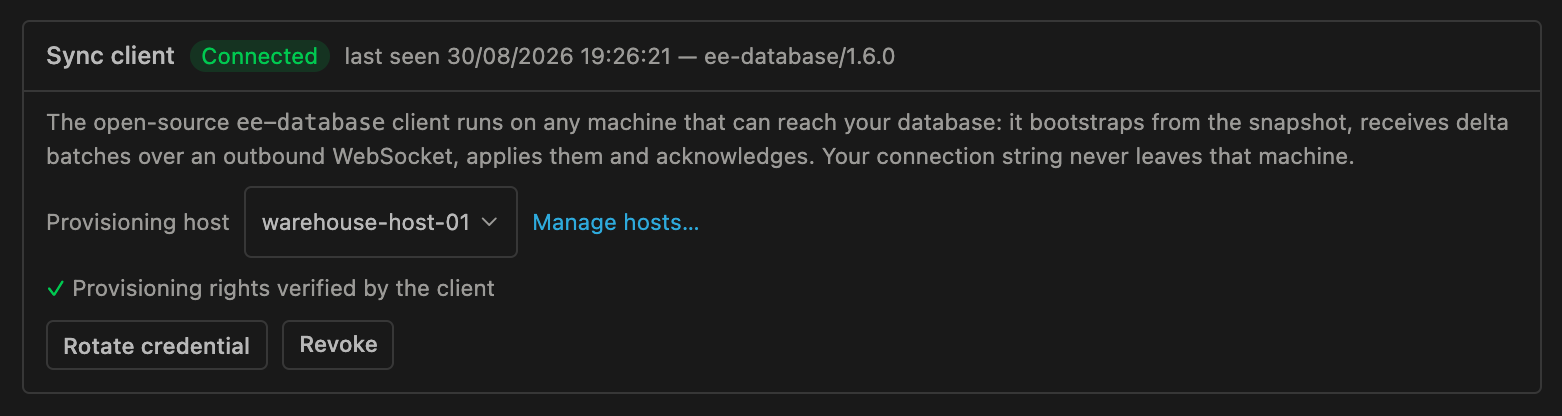 La tarjeta Cliente de sincronización de un Database Sync, con el cliente emparejado y sus comandos de emparejamiento