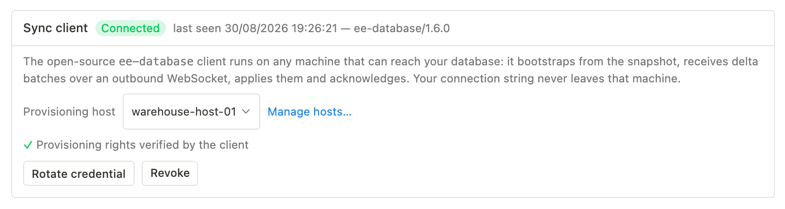 La tarjeta Cliente de sincronización de un Database Sync, con el cliente emparejado y sus comandos de emparejamiento