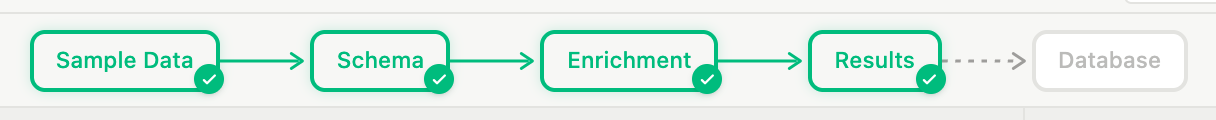 Die Workflow-Schrittanzeige: Beispieldaten, Schema, Anreicherung und Ergebnisse jeweils grün abgehakt, gefolgt von einem ausgegrauten Schritt Datenbank