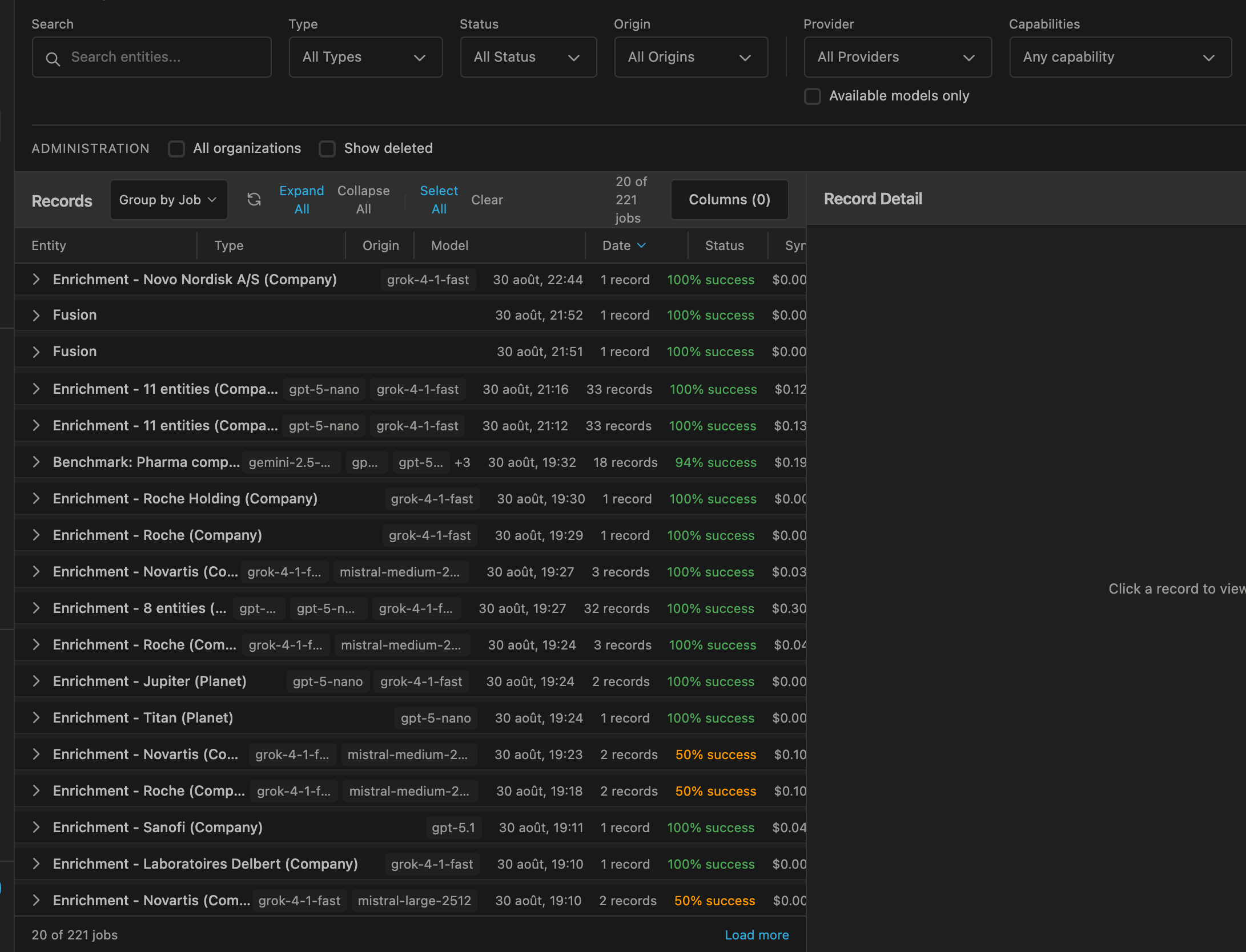 The expanded filter panel of the History page