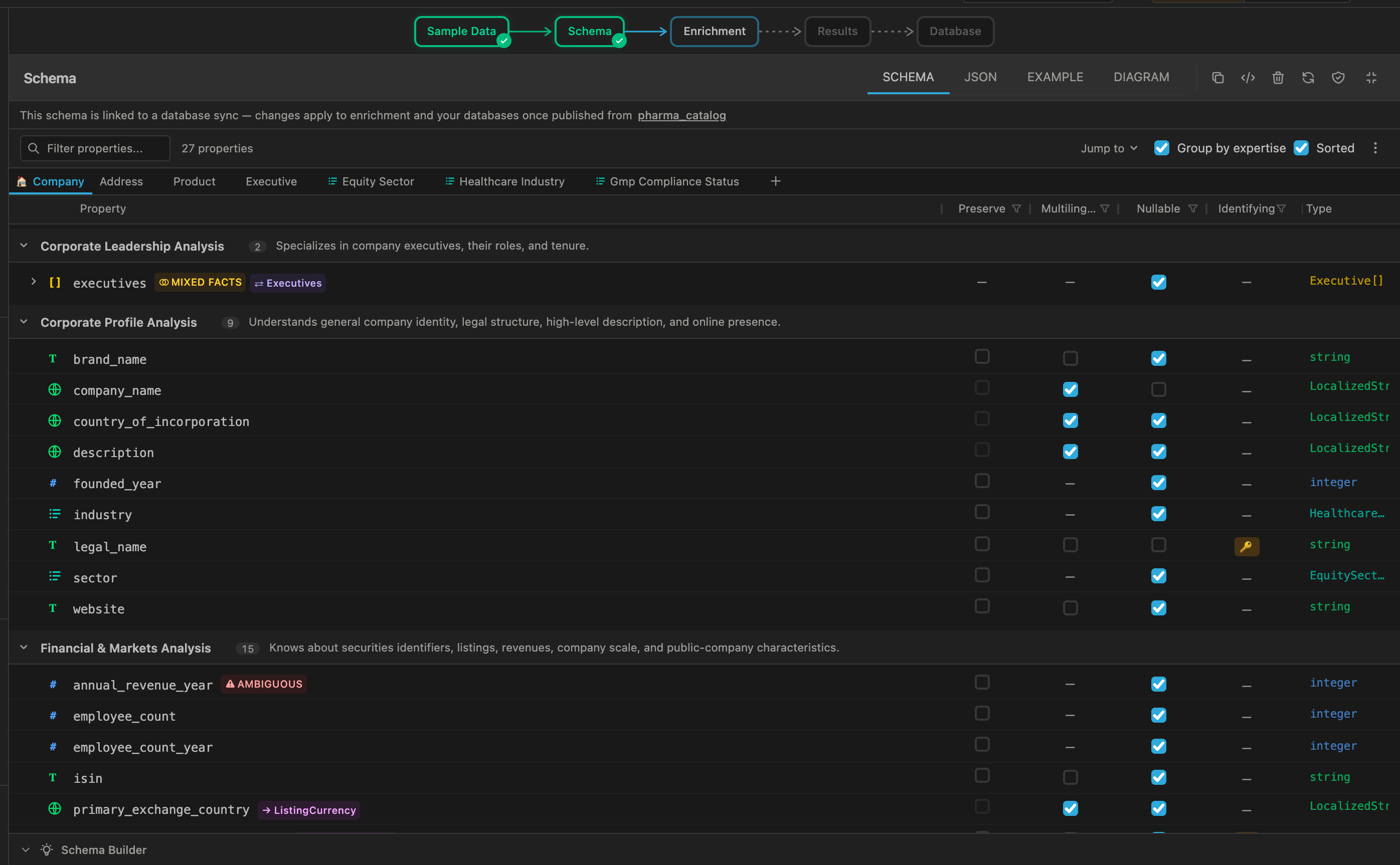Der Workflow Editor: links die Bereiche für Beispieldaten und Schema, rechts das Anreicherungsformular, darunter die Ergebnisse