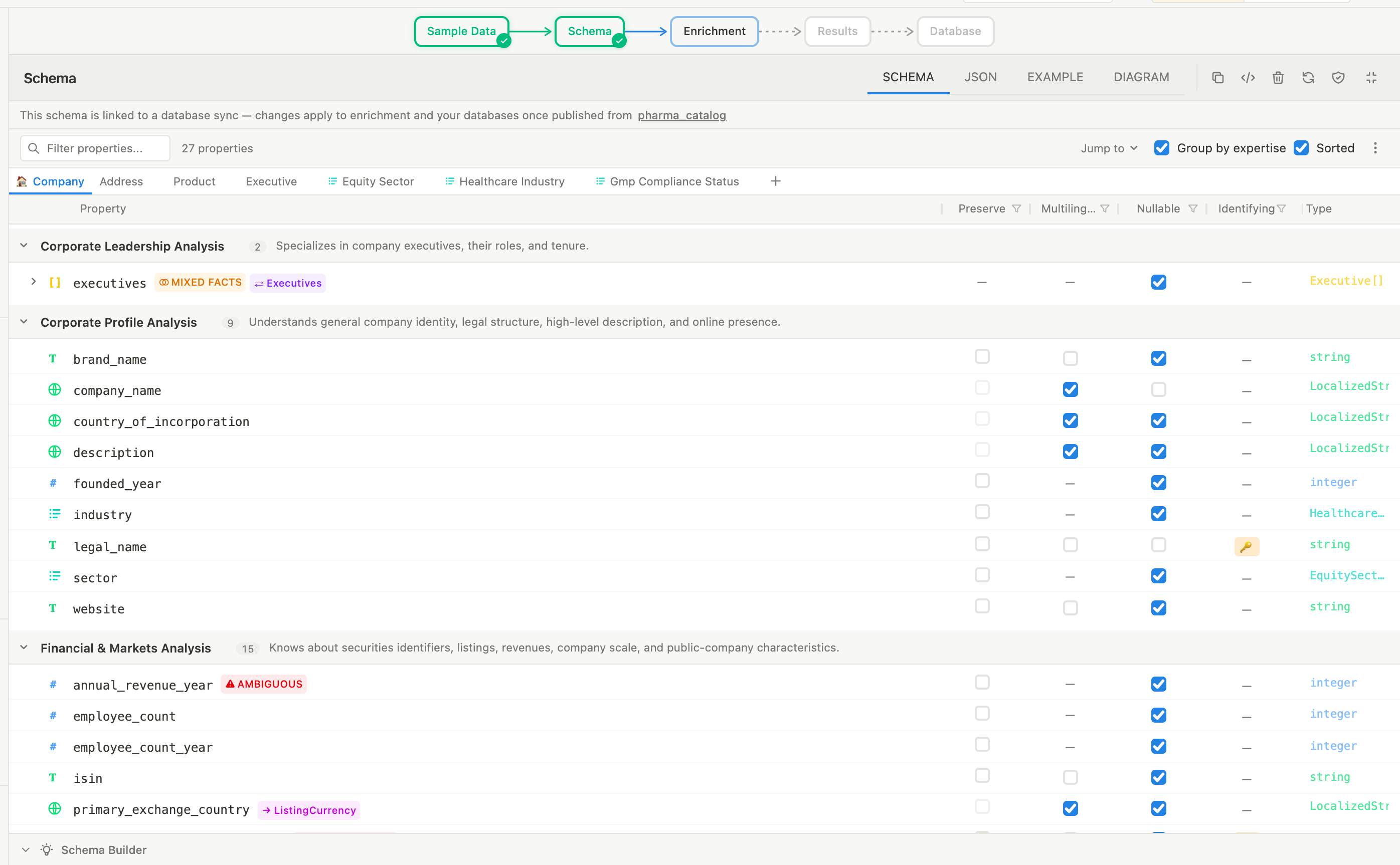 Der Workflow Editor: links die Bereiche für Beispieldaten und Schema, rechts das Anreicherungsformular, darunter die Ergebnisse