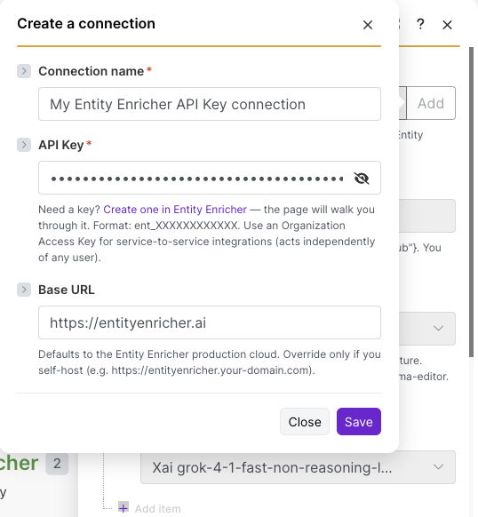 Make: formulário de configuração da ligação por API Key