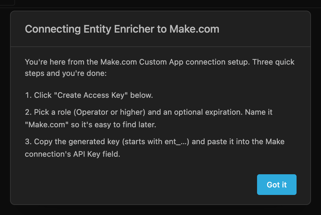 A página Chaves de API do Entity Enricher a receber um visitante vindo da configuração de ligação do Make.com