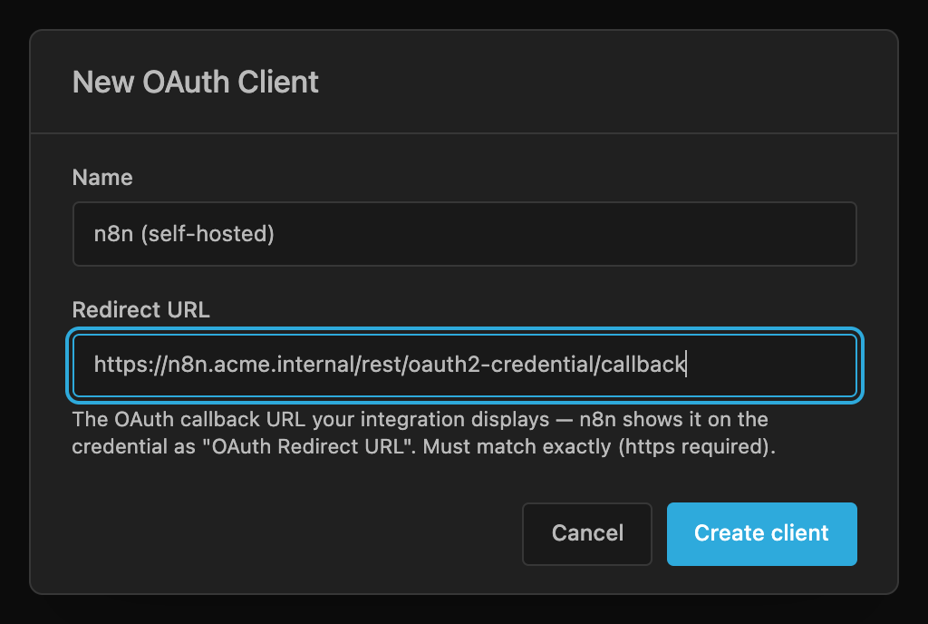 Диалог New OAuth Client с именем клиента и callback-URL n8n, подставленным в поле Redirect URL