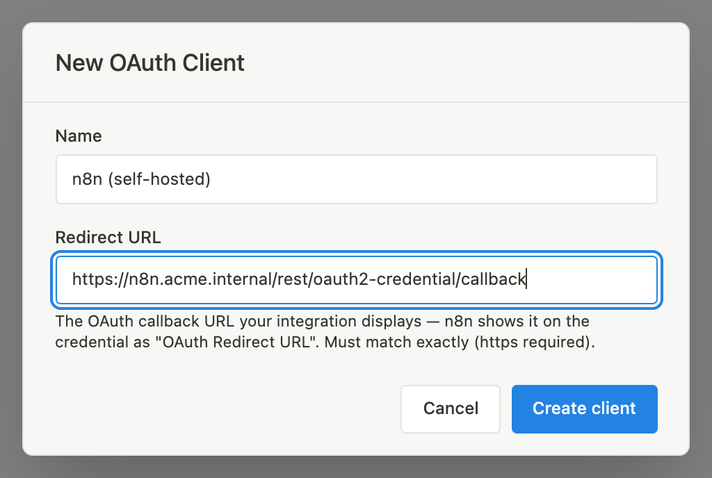 Диалог New OAuth Client с именем клиента и callback-URL n8n, подставленным в поле Redirect URL