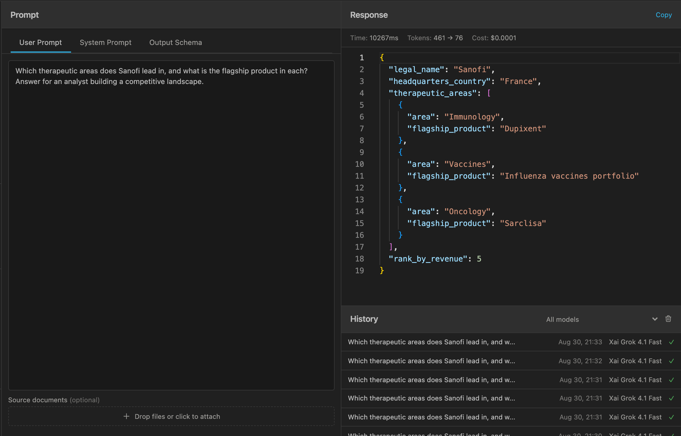 Le Playground : un volet Prompt avec les onglets Prompt utilisateur, Prompt système et Schéma de sortie et une zone de dépôt des documents sources, à côté d'un volet Réponse affichant le temps, les tokens et le coût au-dessus d'une réponse JSON, avec la liste Historique en dessous