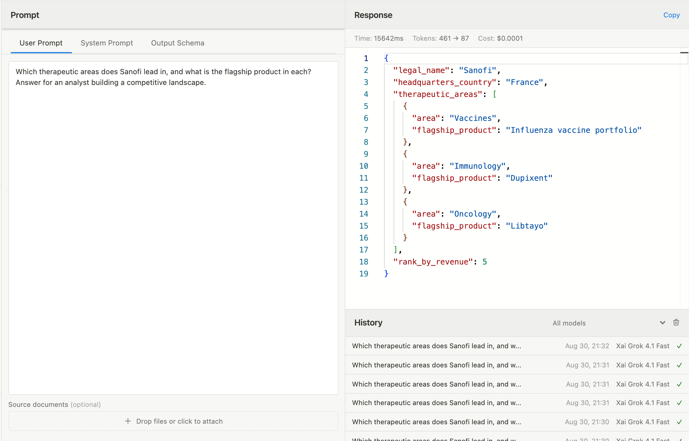Le Playground : un volet Prompt avec les onglets Prompt utilisateur, Prompt système et Schéma de sortie et une zone de dépôt des documents sources, à côté d'un volet Réponse affichant le temps, les tokens et le coût au-dessus d'une réponse JSON, avec la liste Historique en dessous