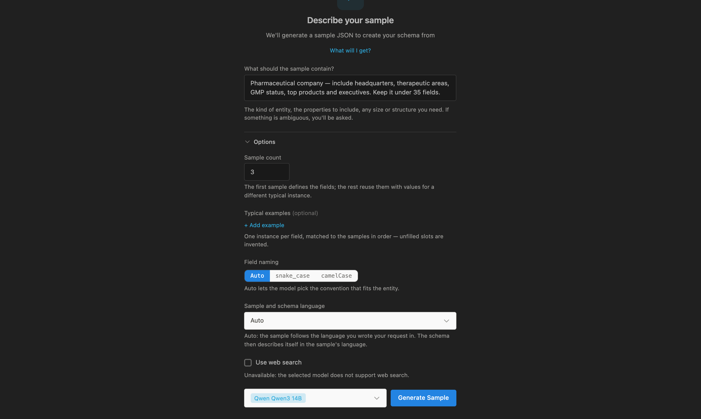 The "Describe your sample" form: a free-text request box, a Sample count field, optional typical examples, field-naming and language pickers, a web-search checkbox and the model selector next to the Generate Sample button