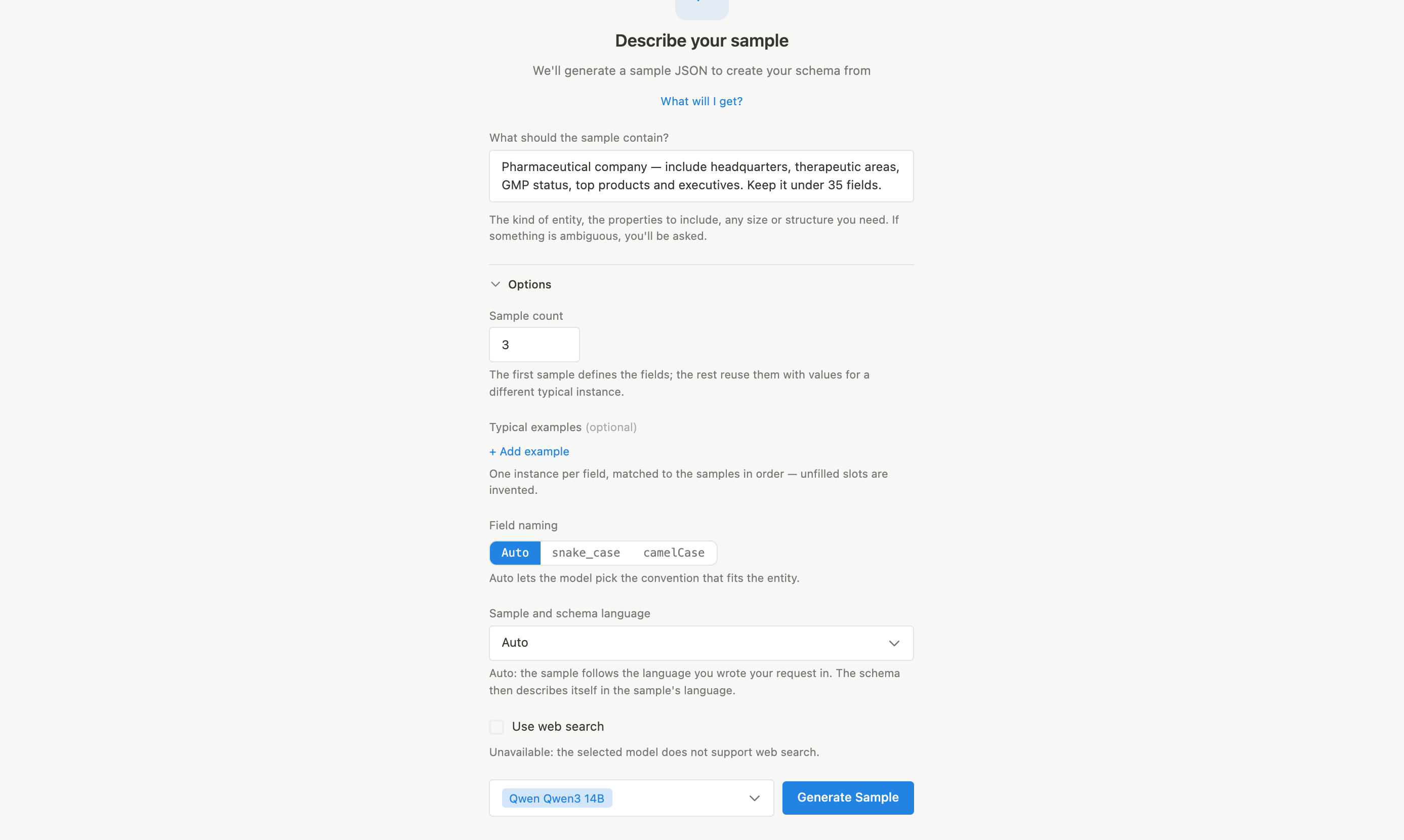 The "Describe your sample" form: a free-text request box, a Sample count field, optional typical examples, field-naming and language pickers, a web-search checkbox and the model selector next to the Generate Sample button