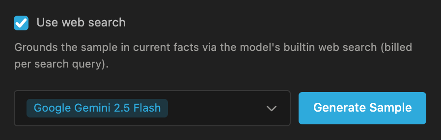 The "Use web search" checkbox, ticked, above the model selector showing Google Gemini 2.5 Flash and the Generate Sample button