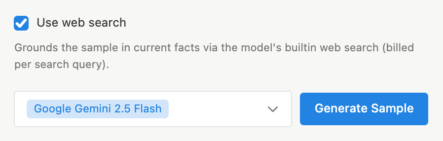 The "Use web search" checkbox, ticked, above the model selector showing Google Gemini 2.5 Flash and the Generate Sample button