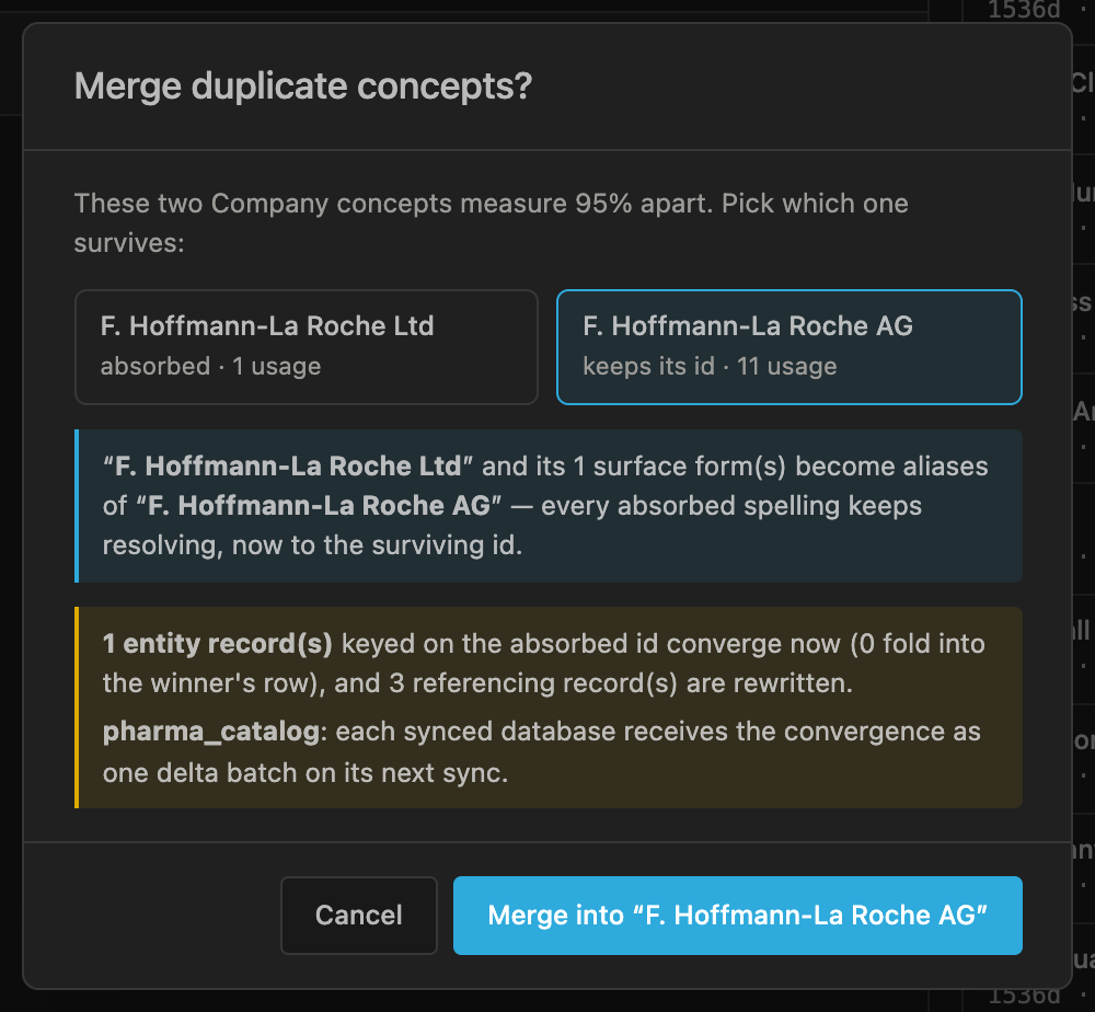The merge confirmation, naming which concept keeps its id and what the merge would affect