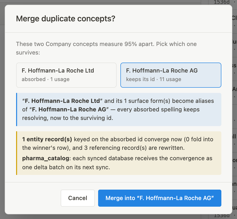 The merge confirmation, naming which concept keeps its id and what the merge would affect