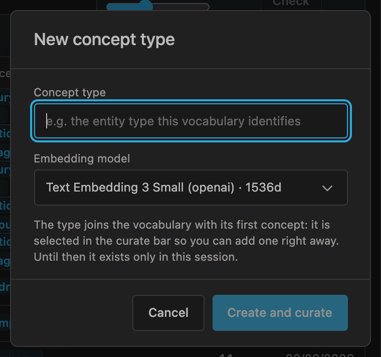 The dialog that opens a new concept type, naming it and choosing the embedding model its concepts will live in