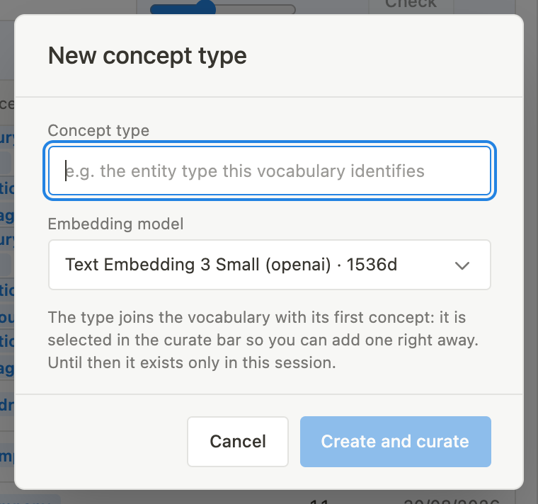 The dialog that opens a new concept type, naming it and choosing the embedding model its concepts will live in