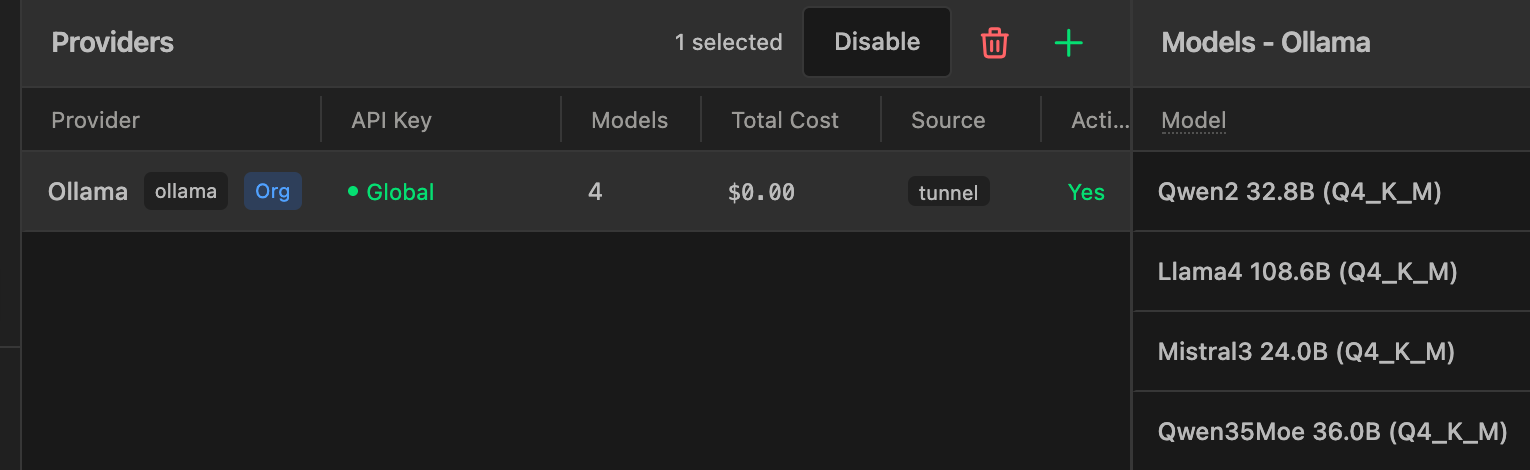The Ollama provider on the Models page with the four models discovered through the tunnel