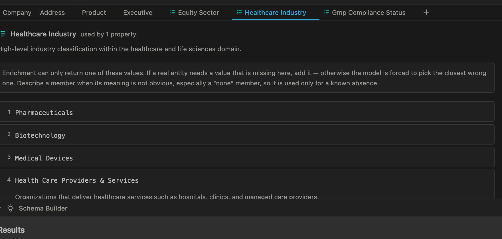 Das Werteset „Healthcare Industry“ in einem eigenen Tab geöffnet, seine Einträge nummeriert, einer davon mit einer Notiz