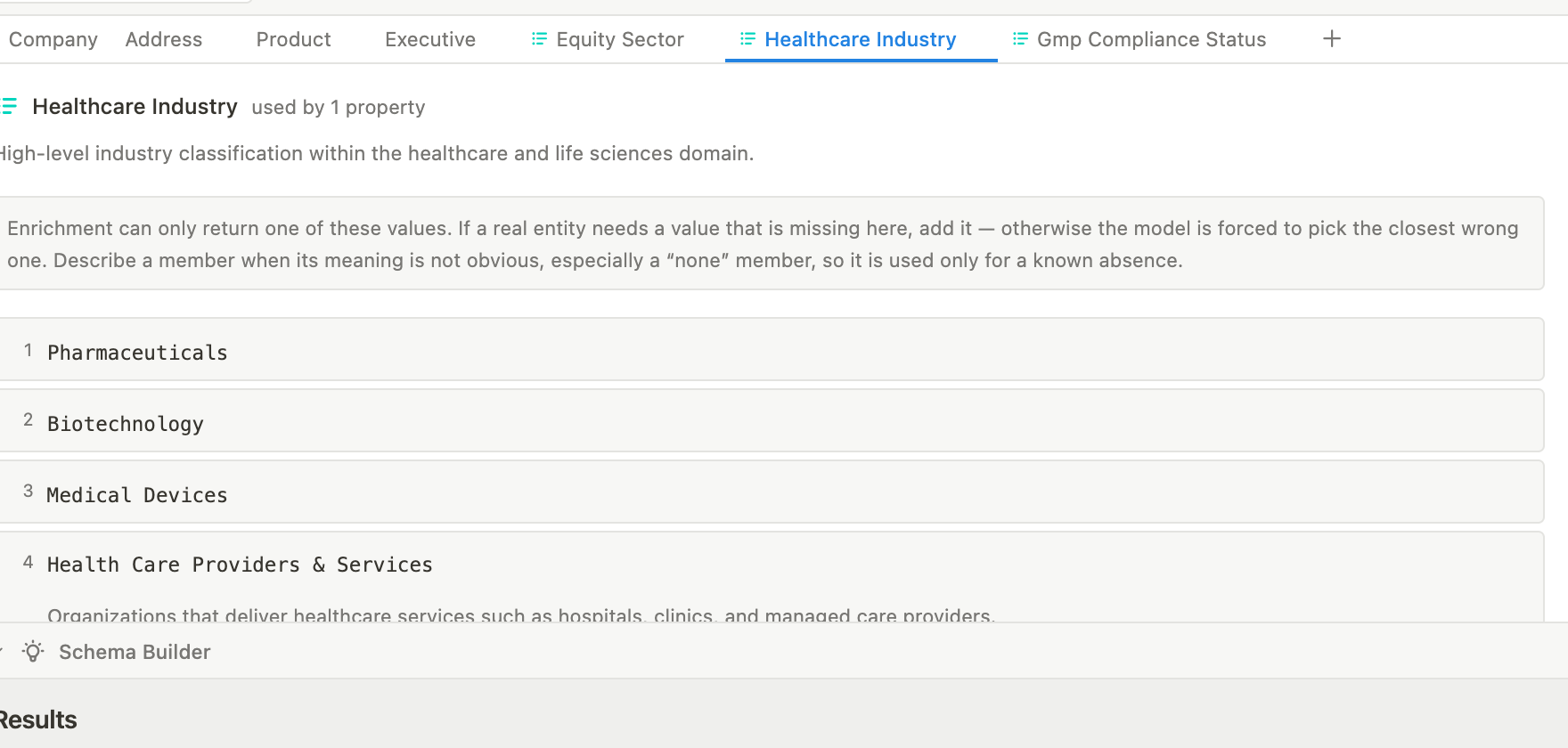 Das Werteset „Healthcare Industry“ in einem eigenen Tab geöffnet, seine Einträge nummeriert, einer davon mit einer Notiz